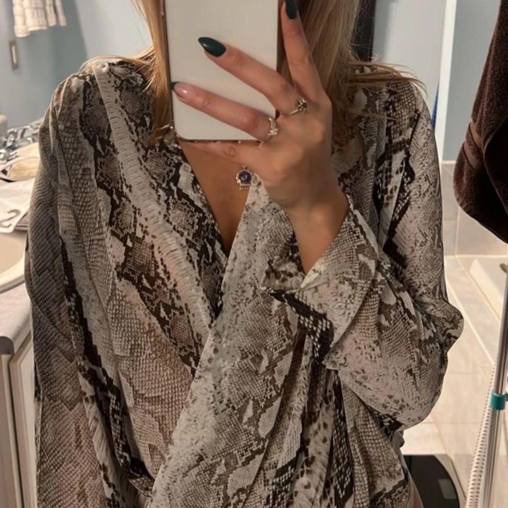SHEIN snakeskin wrap front sheer blouse